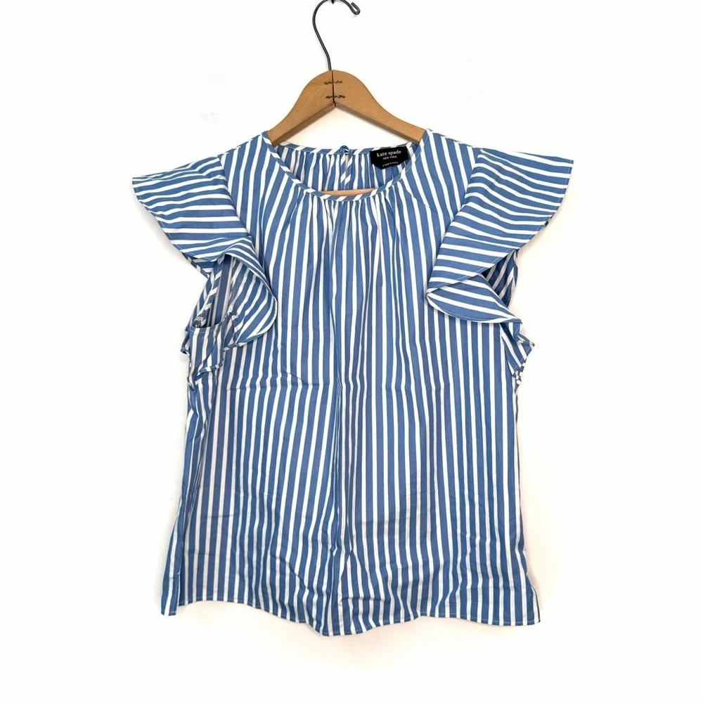 Kate Spade Basket Stripe Flutter-Sleeve Top Light Blue and White Size Small